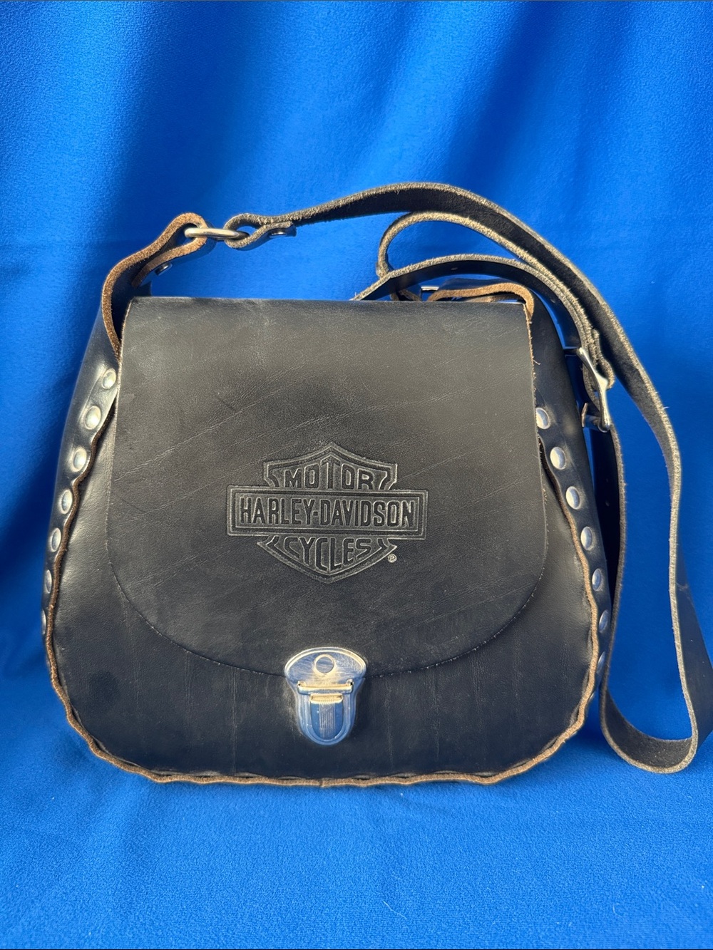 Vintage Harley-Davidson Studded Black Leather Crossbody Bag Purse